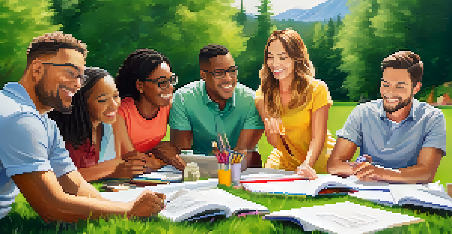A diverse group of professionals participating in a team-building activity outdoors, surrounded by nature.