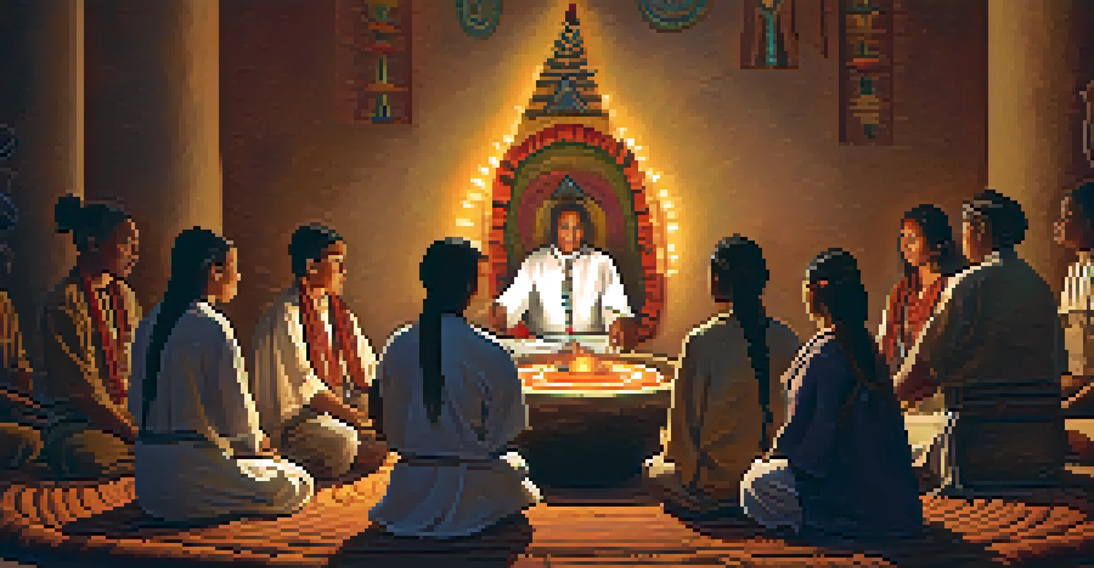 An Indigenous healer conducting a Peyote ceremony with participants in a candlelit setting, emphasizing cultural traditions.