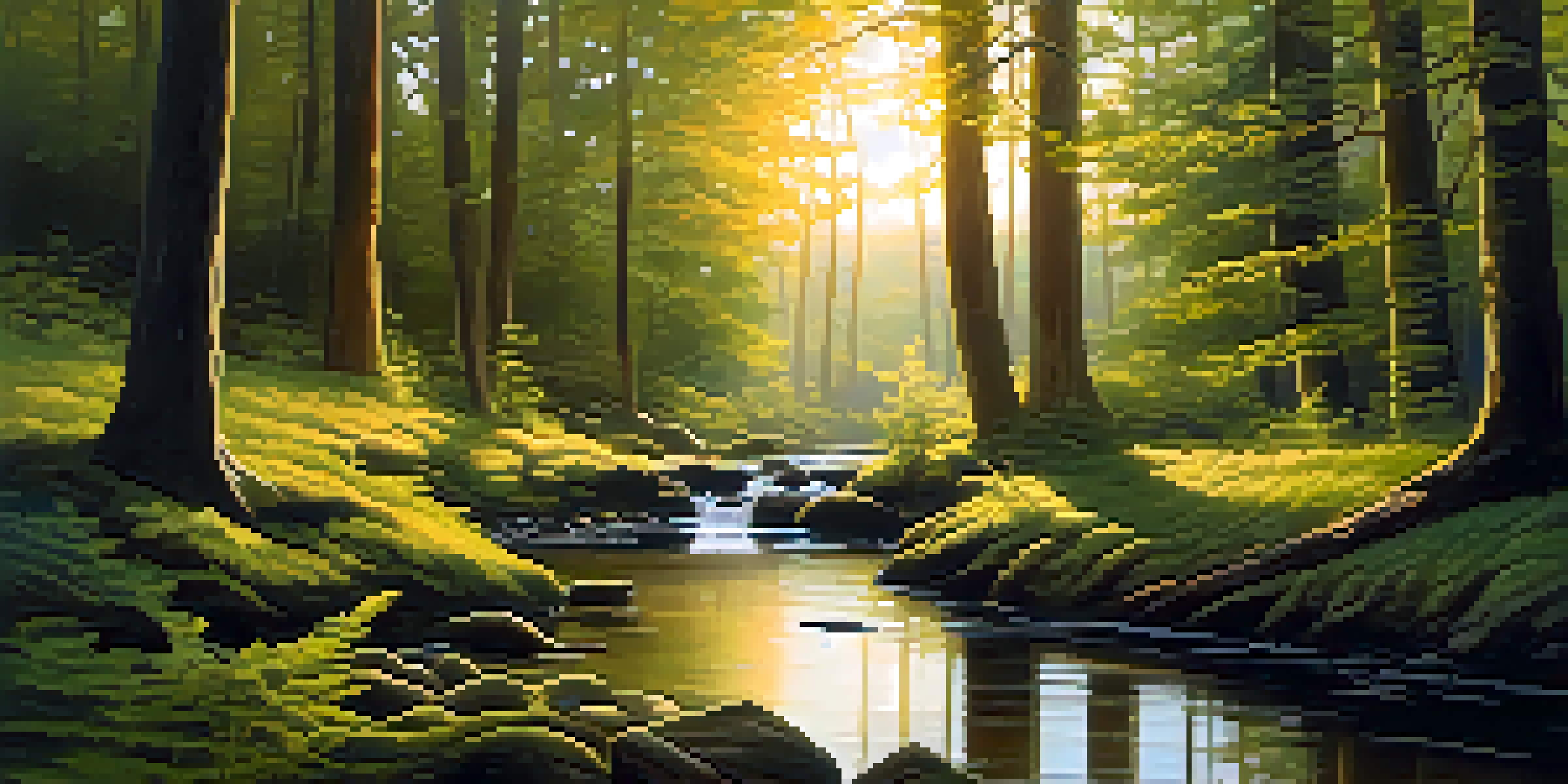 A tranquil forest scene at dawn with sunlight filtering through trees and a reflective stream.