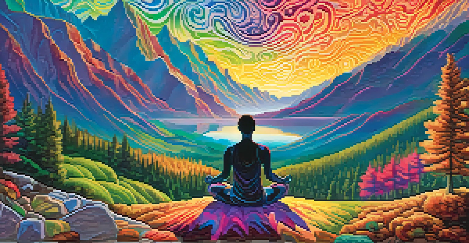 A silhouette of a person meditating in a colorful psychedelic landscape with vibrant forests and mountains.