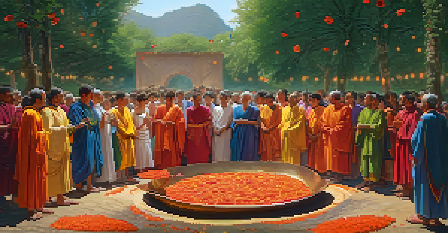 Participants in colorful robes dancing around a bowl of poppy petals in a Roman grove.