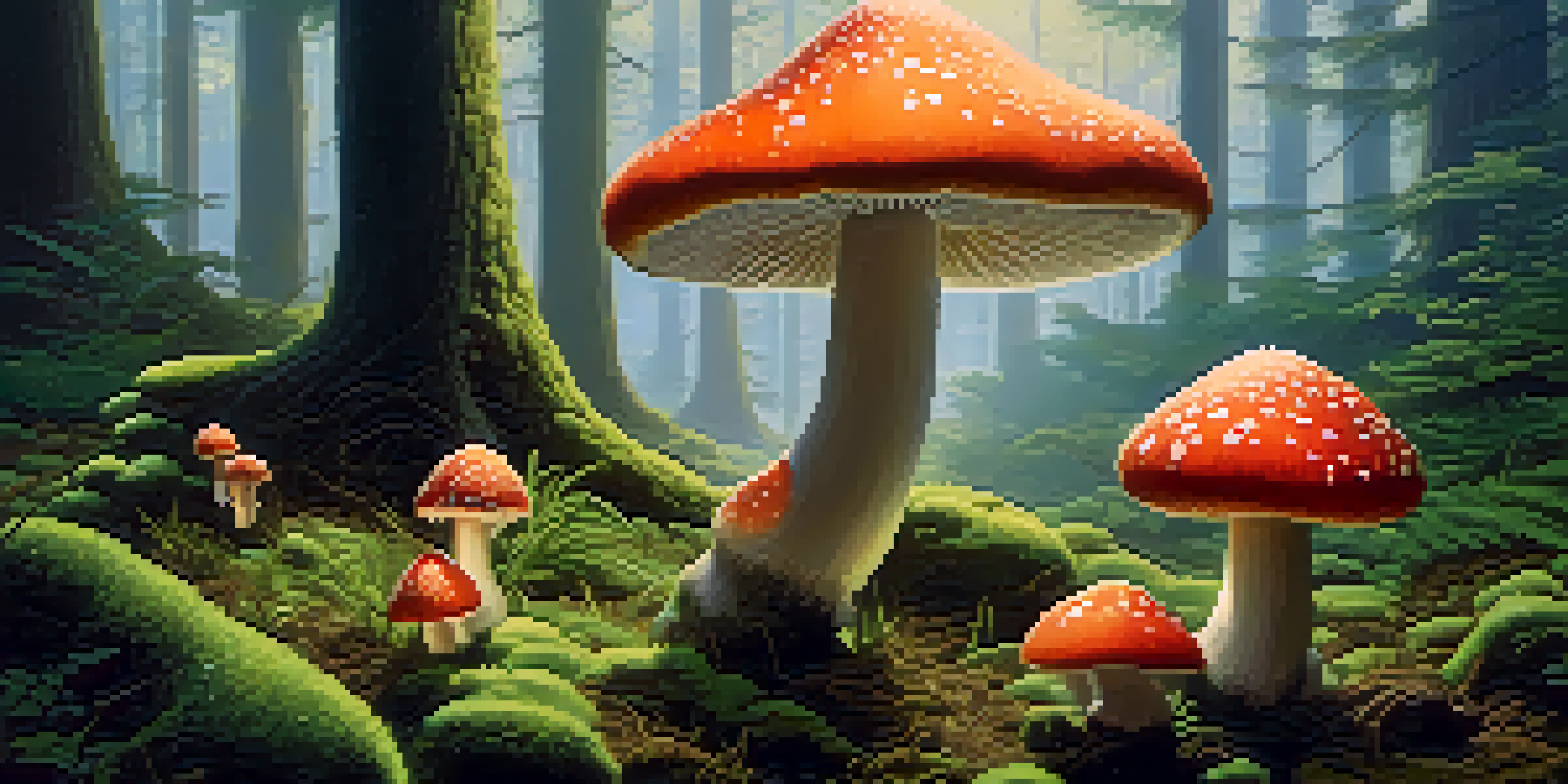 A peaceful forest at sunrise with soft light, green moss, and colorful mushrooms emerging from the ground.