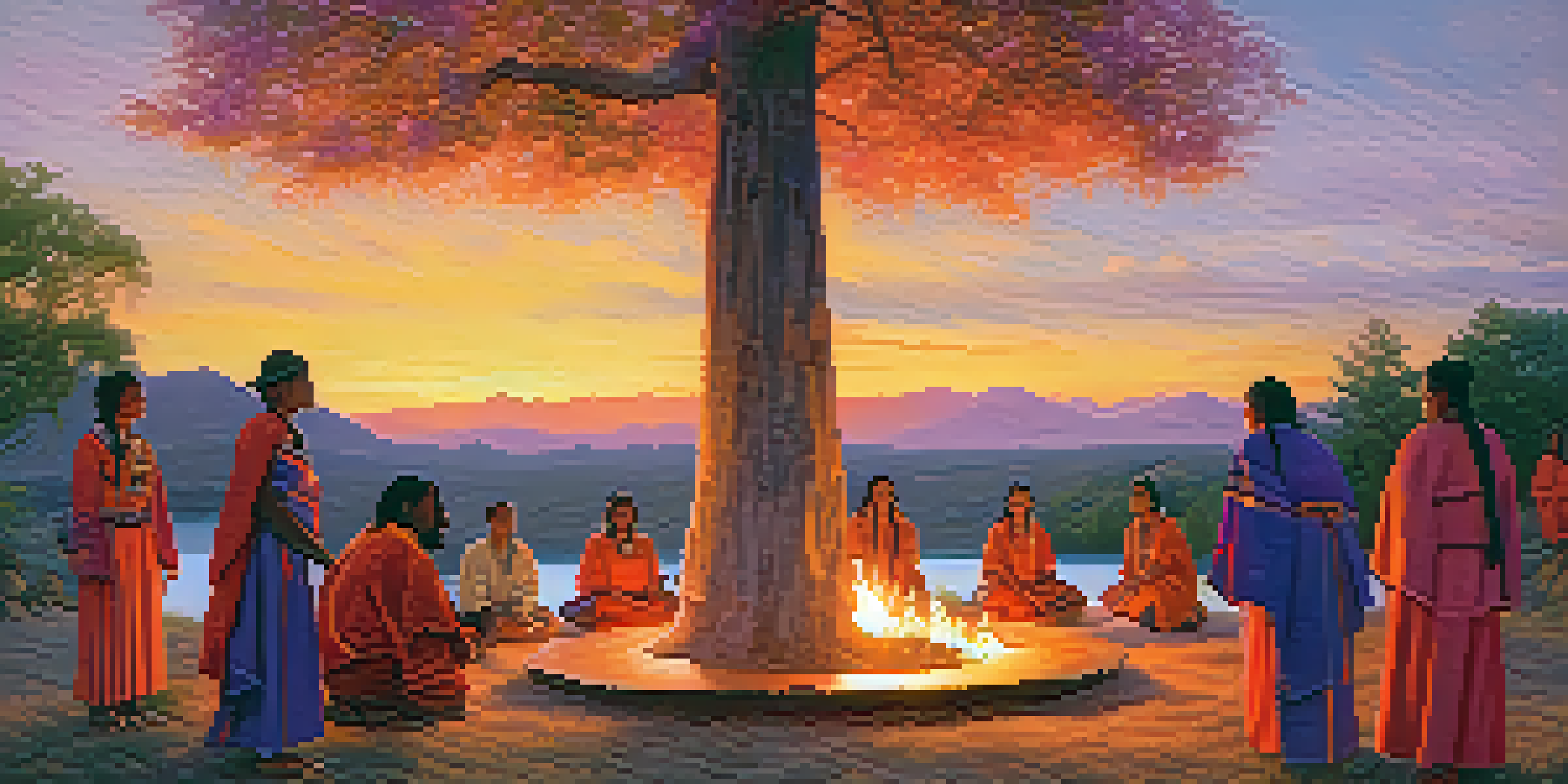 A peaceful indigenous ceremony at sunset, with people in colorful attire around a fire, surrounded by nature.