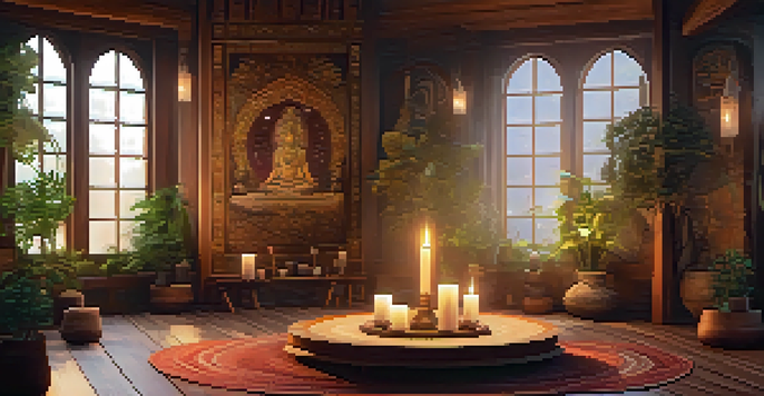 A tranquil indoor setting designed for a ritual, with cushions, candles, crystals, and plants, illuminated by warm lighting.
