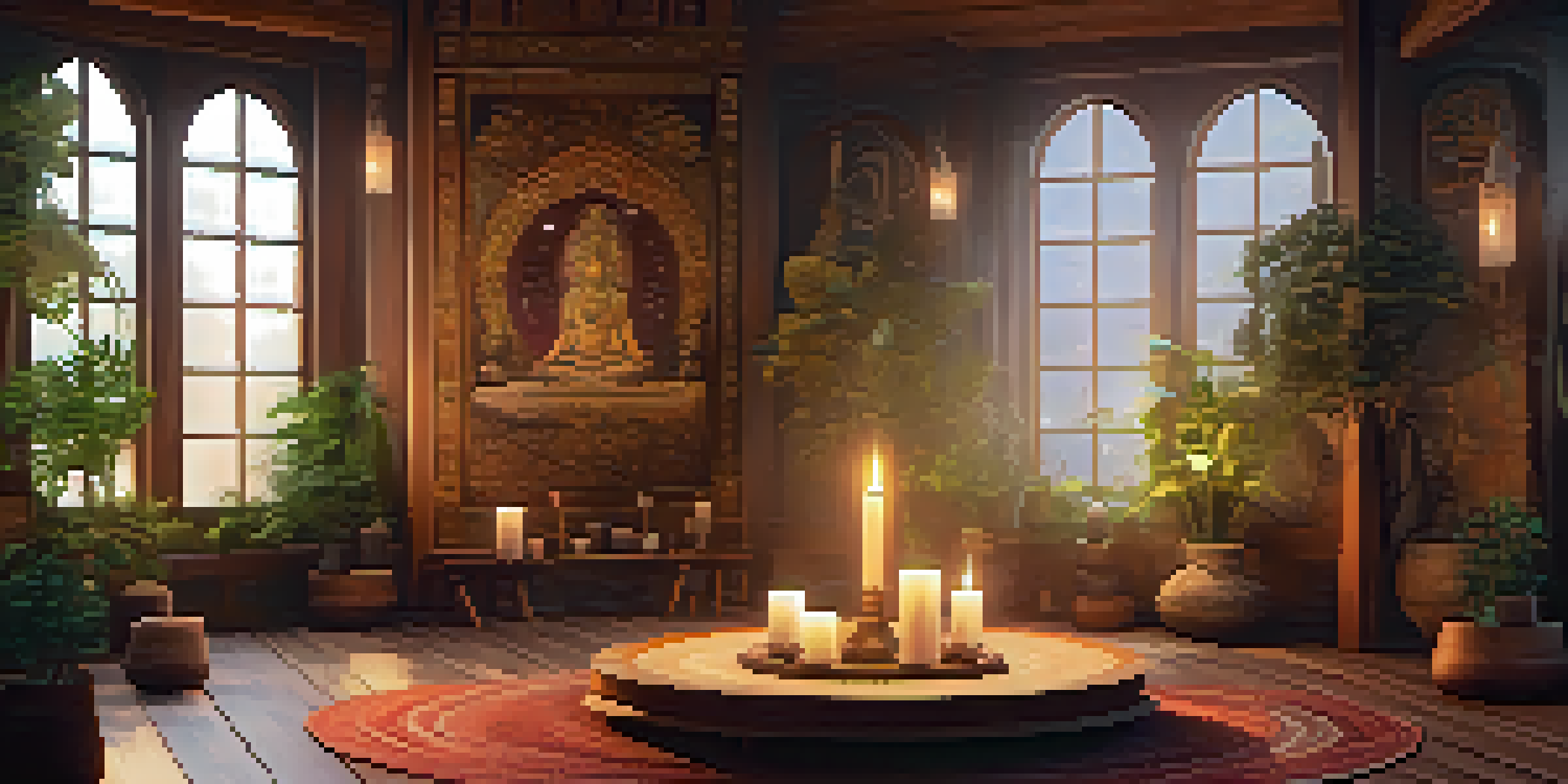 A tranquil indoor setting designed for a ritual, with cushions, candles, crystals, and plants, illuminated by warm lighting.