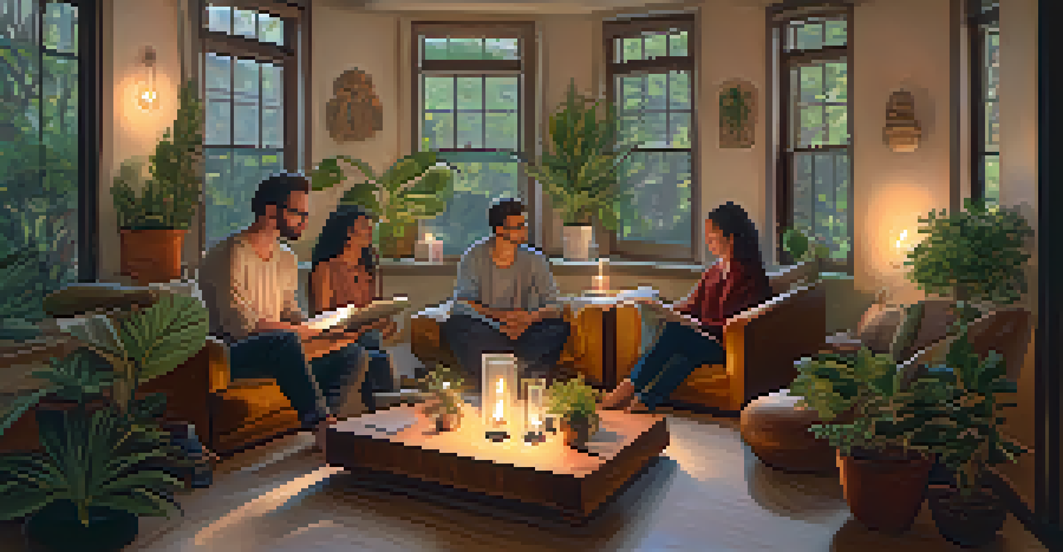 A cozy indoor space with people participating in a modern spiritual gathering, surrounded by plants and candles.