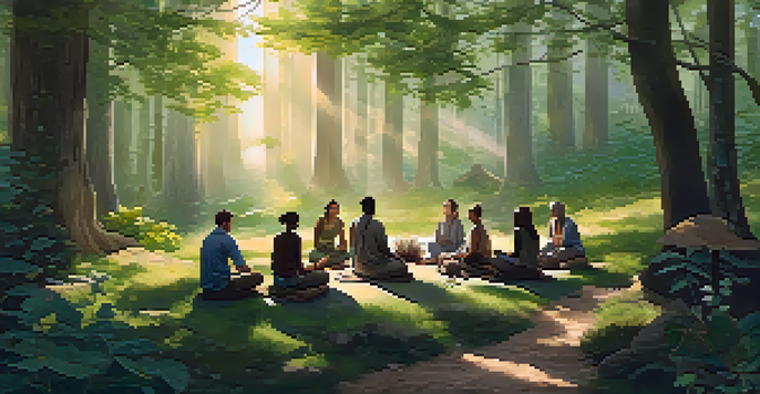 A peaceful forest gathering at dawn with diverse individuals engaged in a discussion, surrounded by trees and nature.