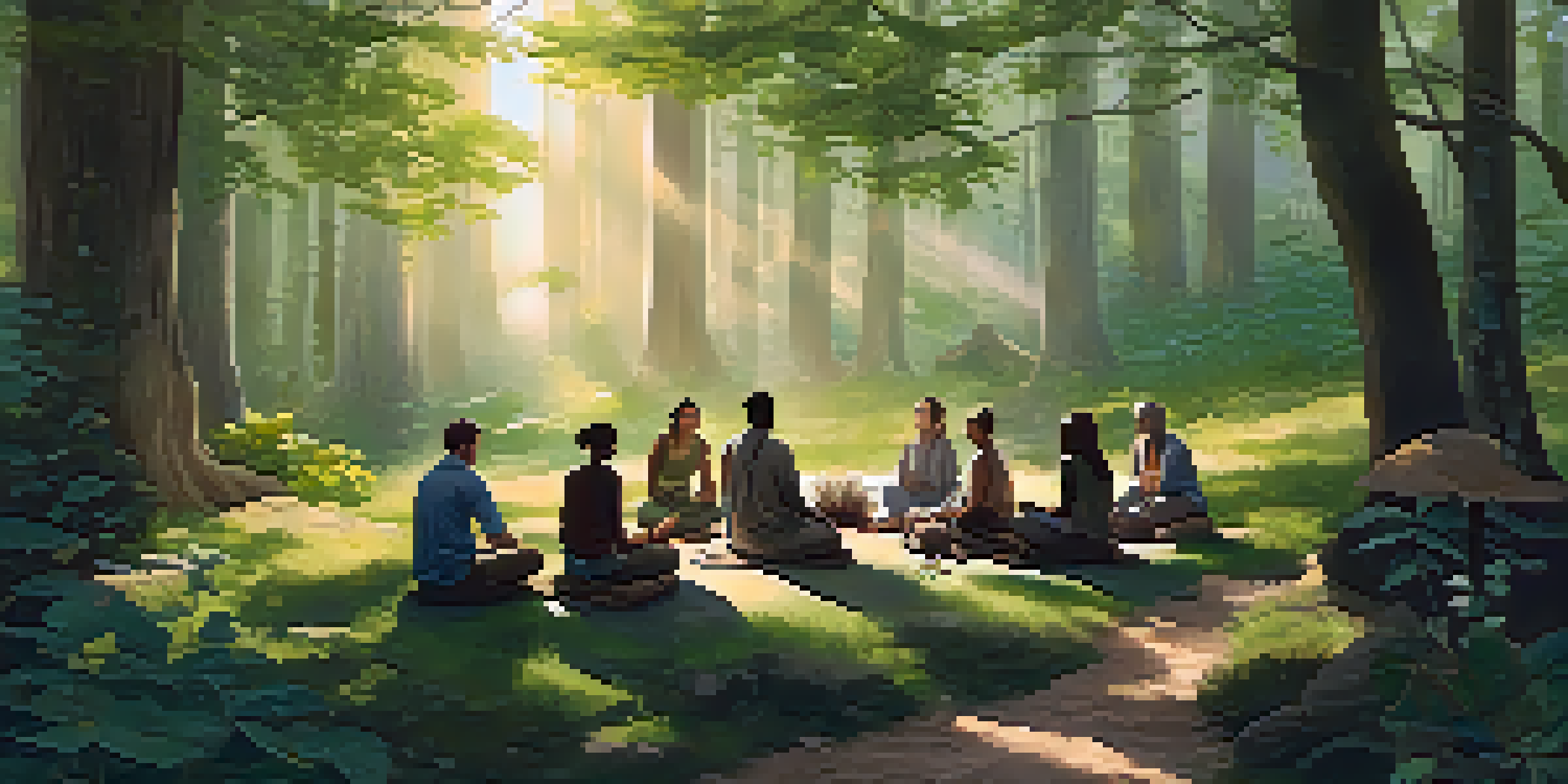 A peaceful forest gathering at dawn with diverse individuals engaged in a discussion, surrounded by trees and nature.