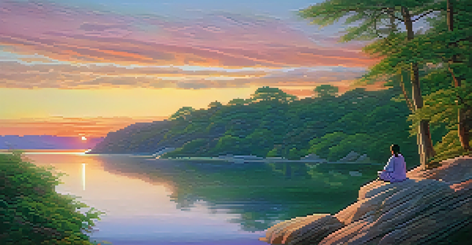 A person meditating on a cliff during a colorful sunset over a calm lake, surrounded by greenery.