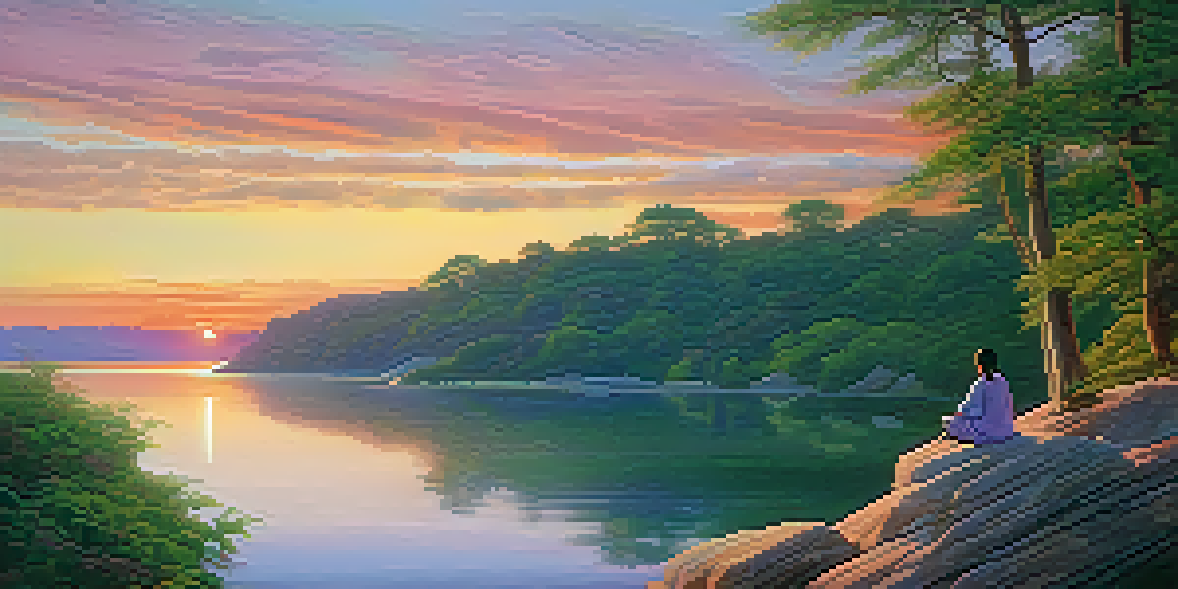 A person meditating on a cliff during a colorful sunset over a calm lake, surrounded by greenery.