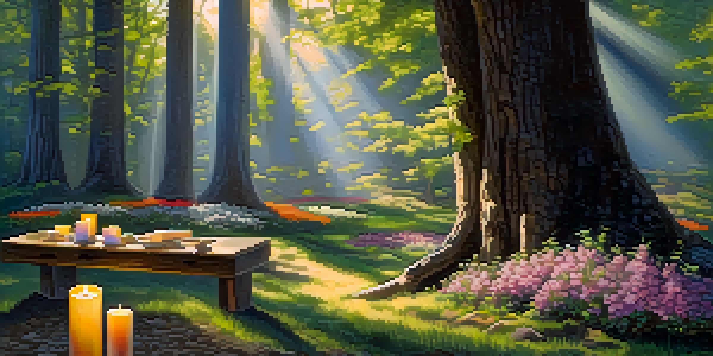 A peaceful forest scene with sunlight shining through trees, a wooden altar decorated with flowers and candles at the base of an oak tree.