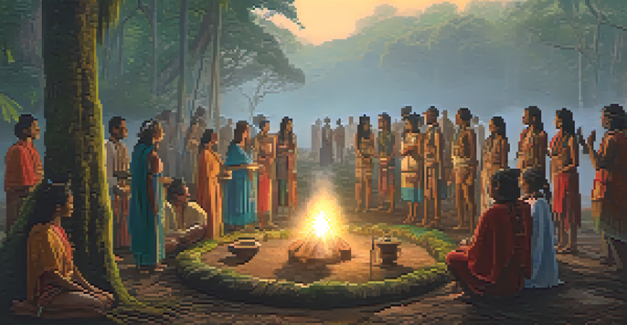 A peaceful Amazon rainforest at sunrise, featuring a diverse group of people participating in an Ayahuasca ceremony led by a shaman.