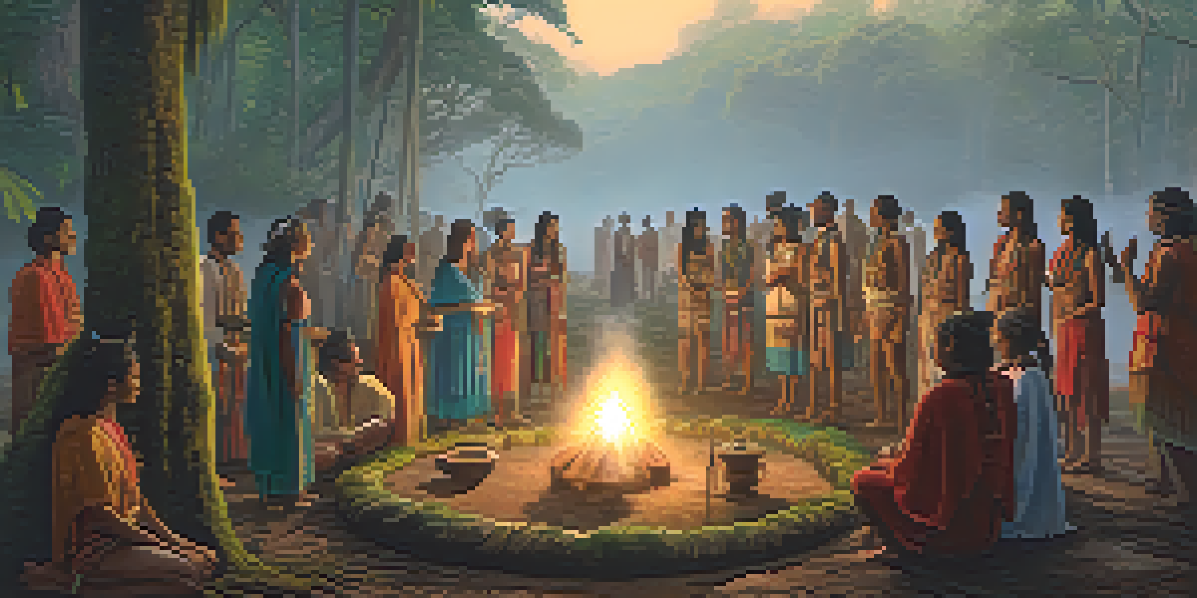 A peaceful Amazon rainforest at sunrise, featuring a diverse group of people participating in an Ayahuasca ceremony led by a shaman.