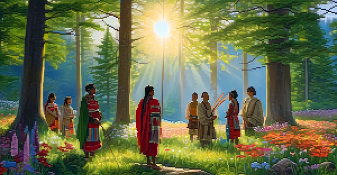 A peaceful forest scene with Indigenous people engaging in a traditional ceremony, surrounded by flowers and warm sunset light.