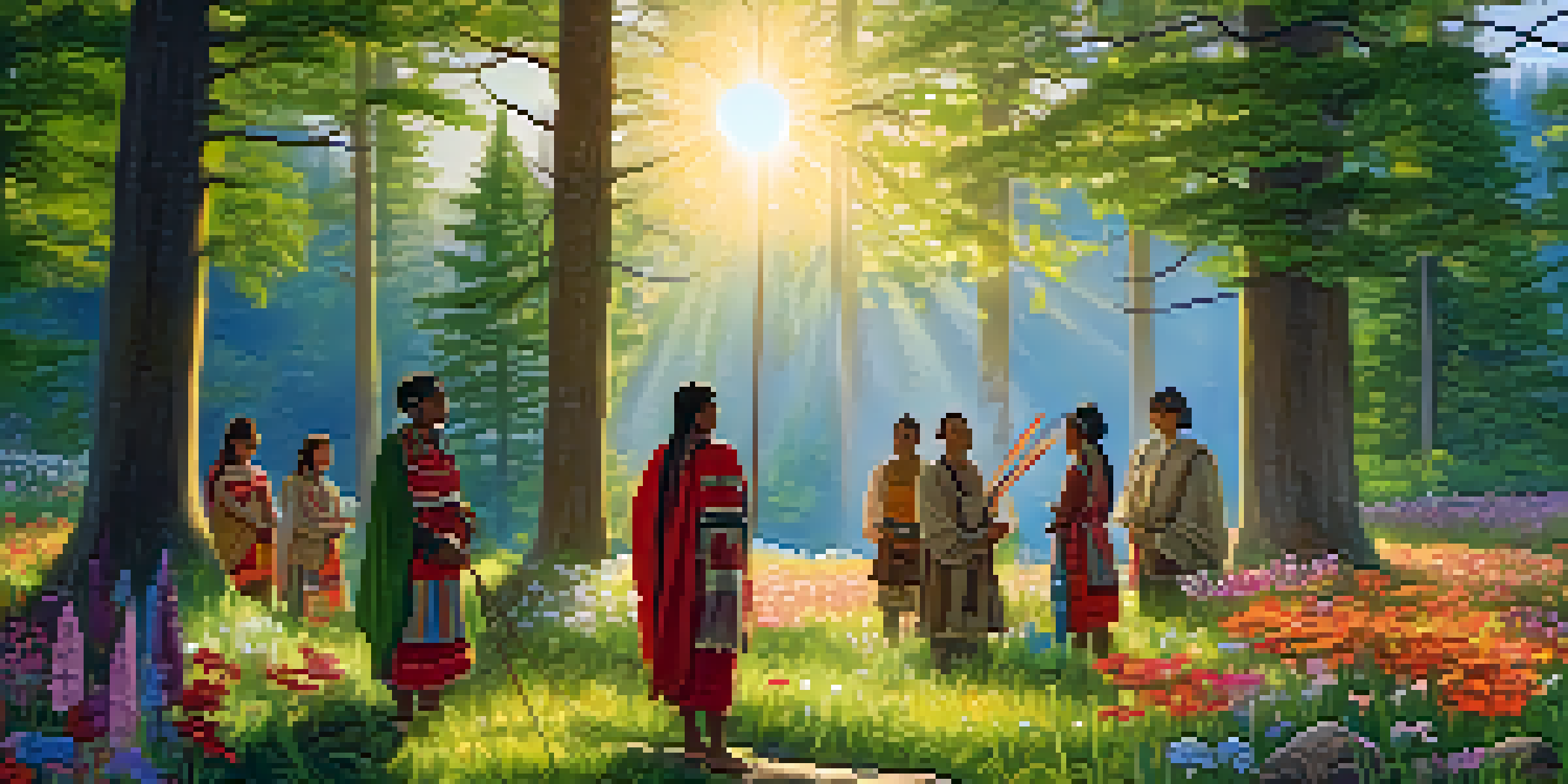 A peaceful forest scene with Indigenous people engaging in a traditional ceremony, surrounded by flowers and warm sunset light.