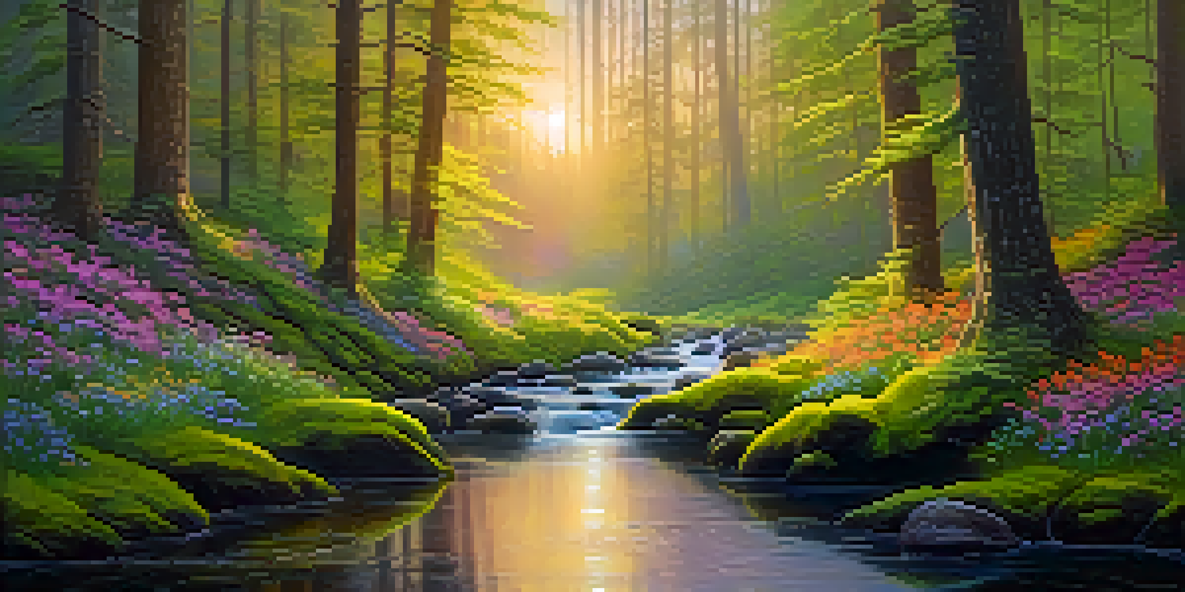 A tranquil forest during dawn with sunlight shining through trees, a stream, and mist.