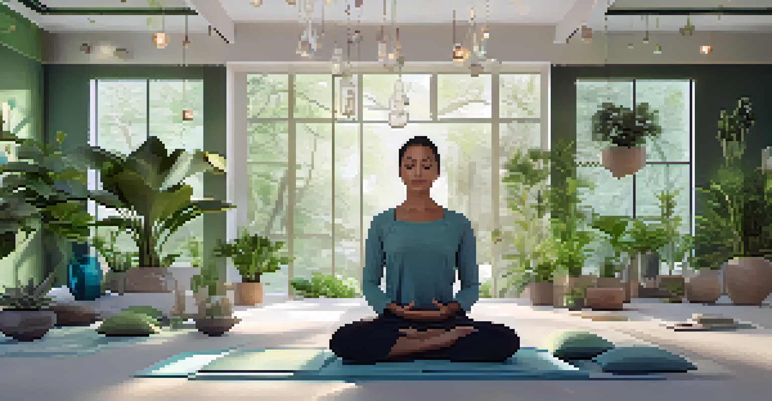 A modern wellness space with natural light, plants, and a person meditating surrounded by spiritual symbols.