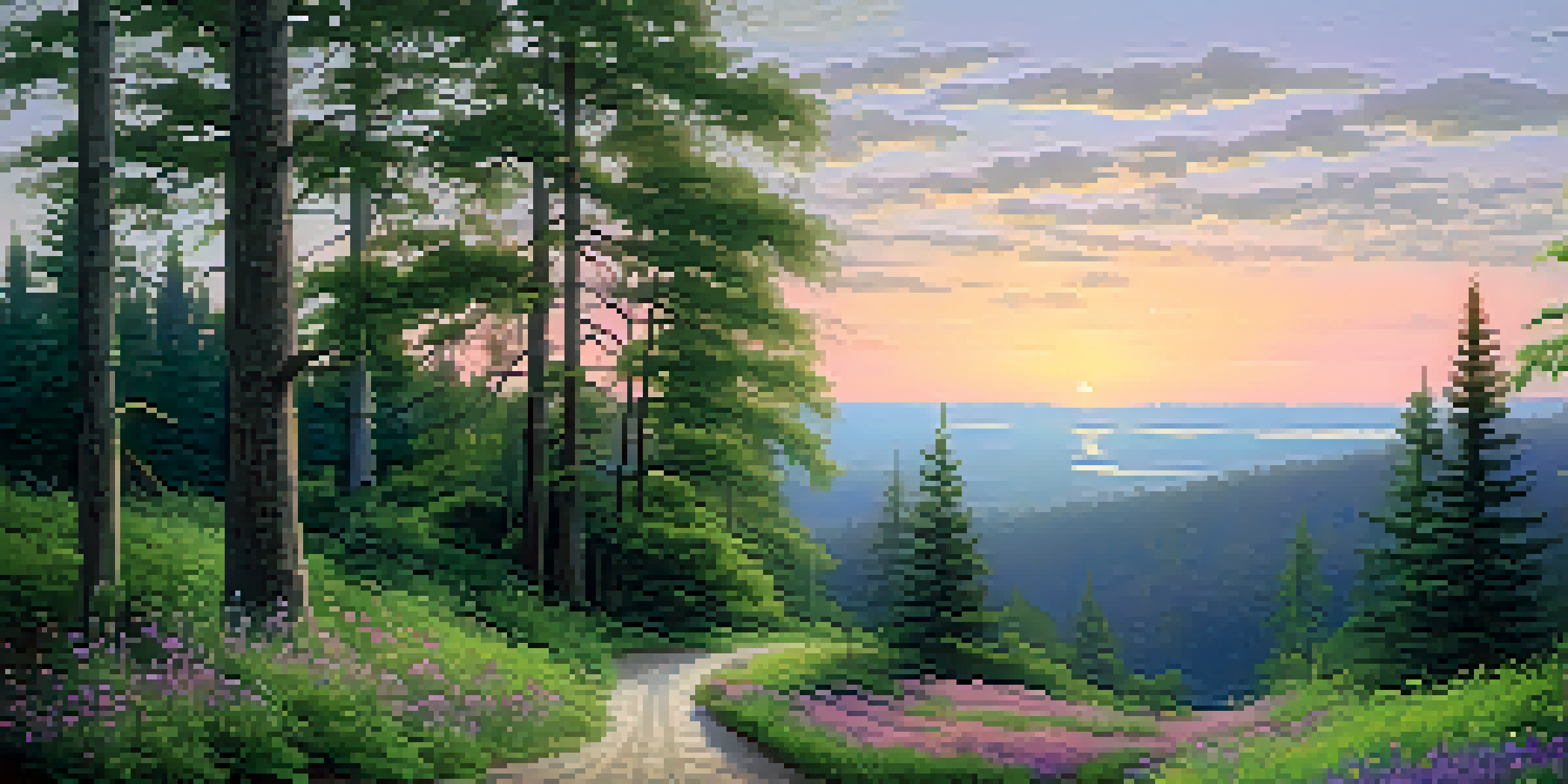 A tranquil forest landscape at dusk with soft light filtering through trees and a winding path.