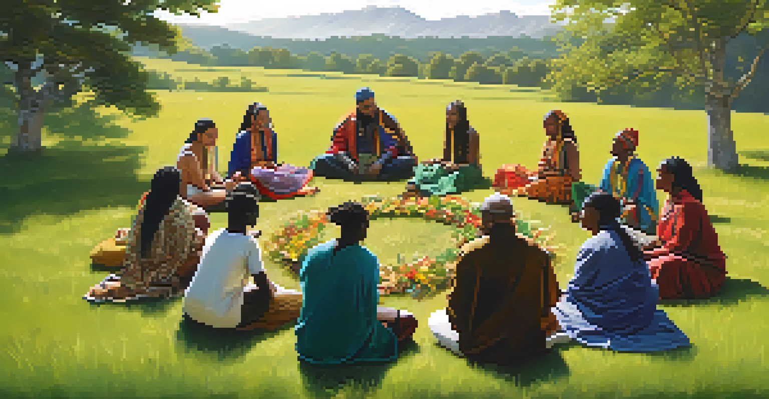 A group of diverse people sitting in a circle on a meadow, each holding a different plant, symbolizing cultural heritage.