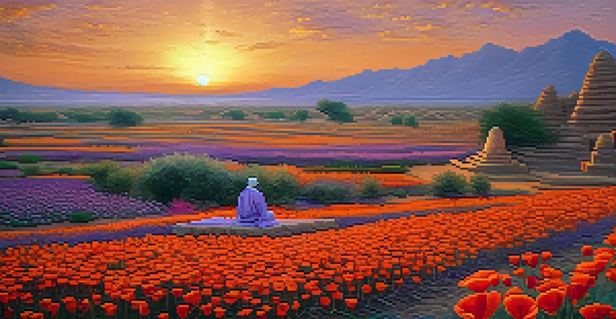 An ancient Mesopotamian landscape with opium poppy fields and a priest preparing for a ceremony at sunset.