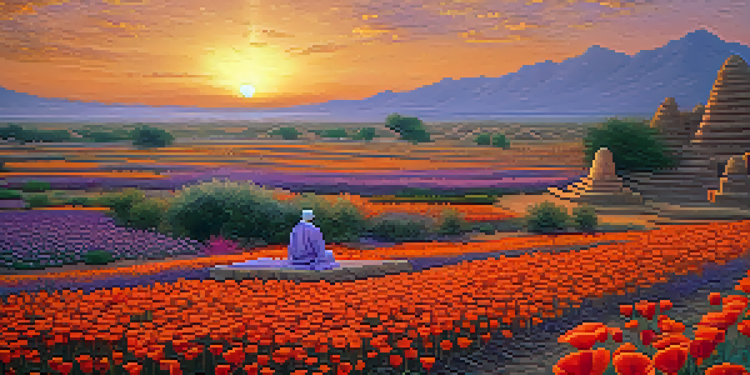 An ancient Mesopotamian landscape with opium poppy fields and a priest preparing for a ceremony at sunset.