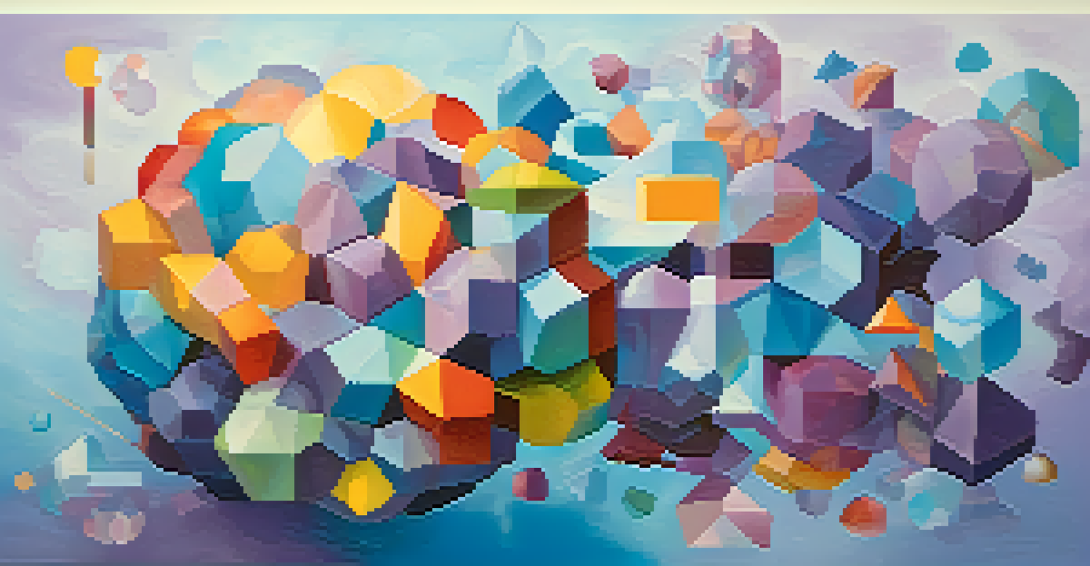 An abstract brain made of colorful geometric shapes representing cognitive flexibility and creativity.