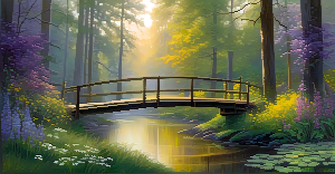 A tranquil forest scene at dawn with sunlight, mist, wildflowers, a flowing stream, and a wooden bridge.