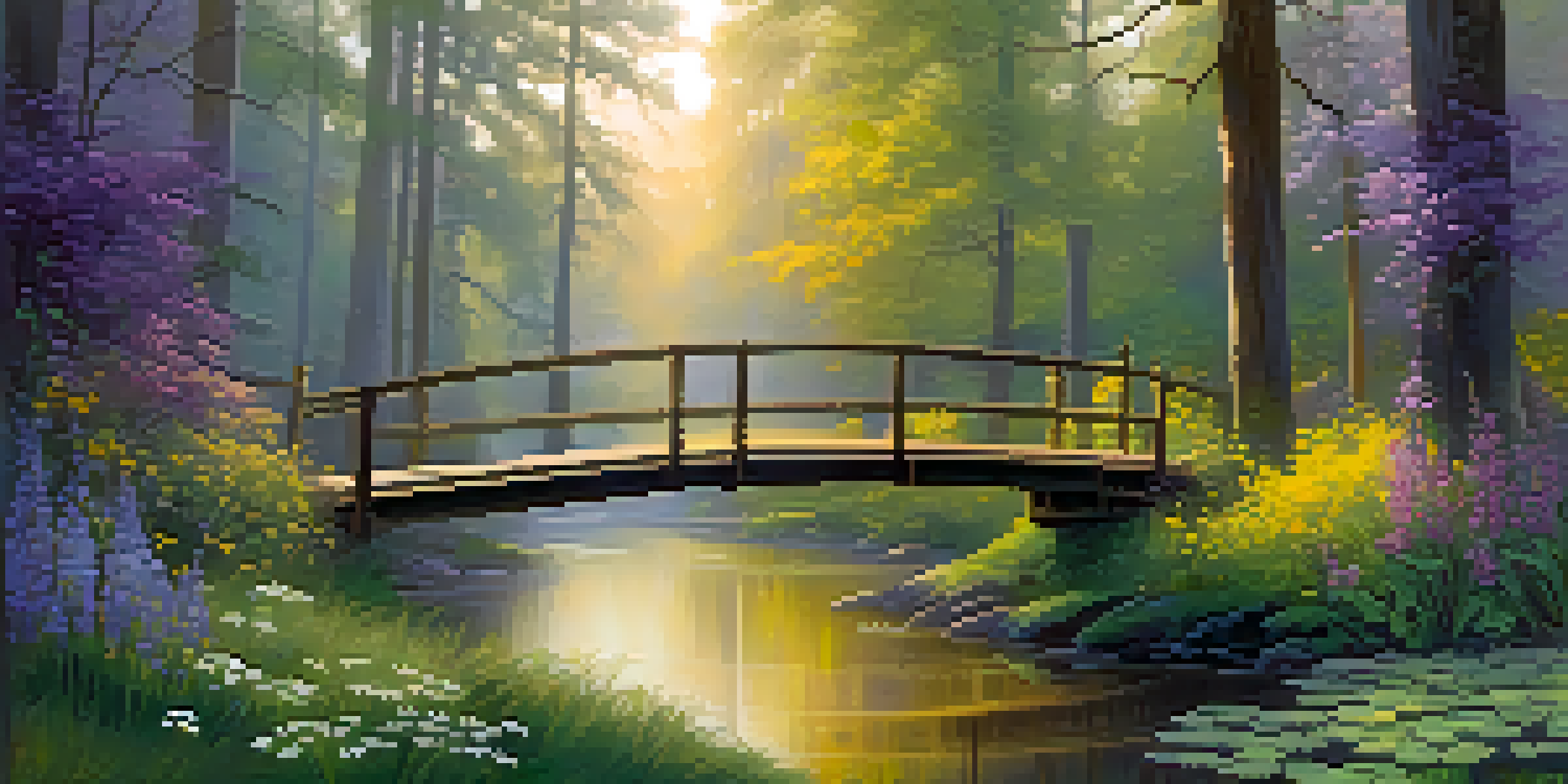A tranquil forest scene at dawn with sunlight, mist, wildflowers, a flowing stream, and a wooden bridge.