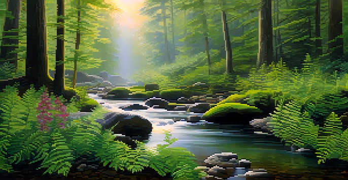 A peaceful forest with sunlight filtering through trees and a stream flowing over stones, surrounded by ferns and wildflowers.