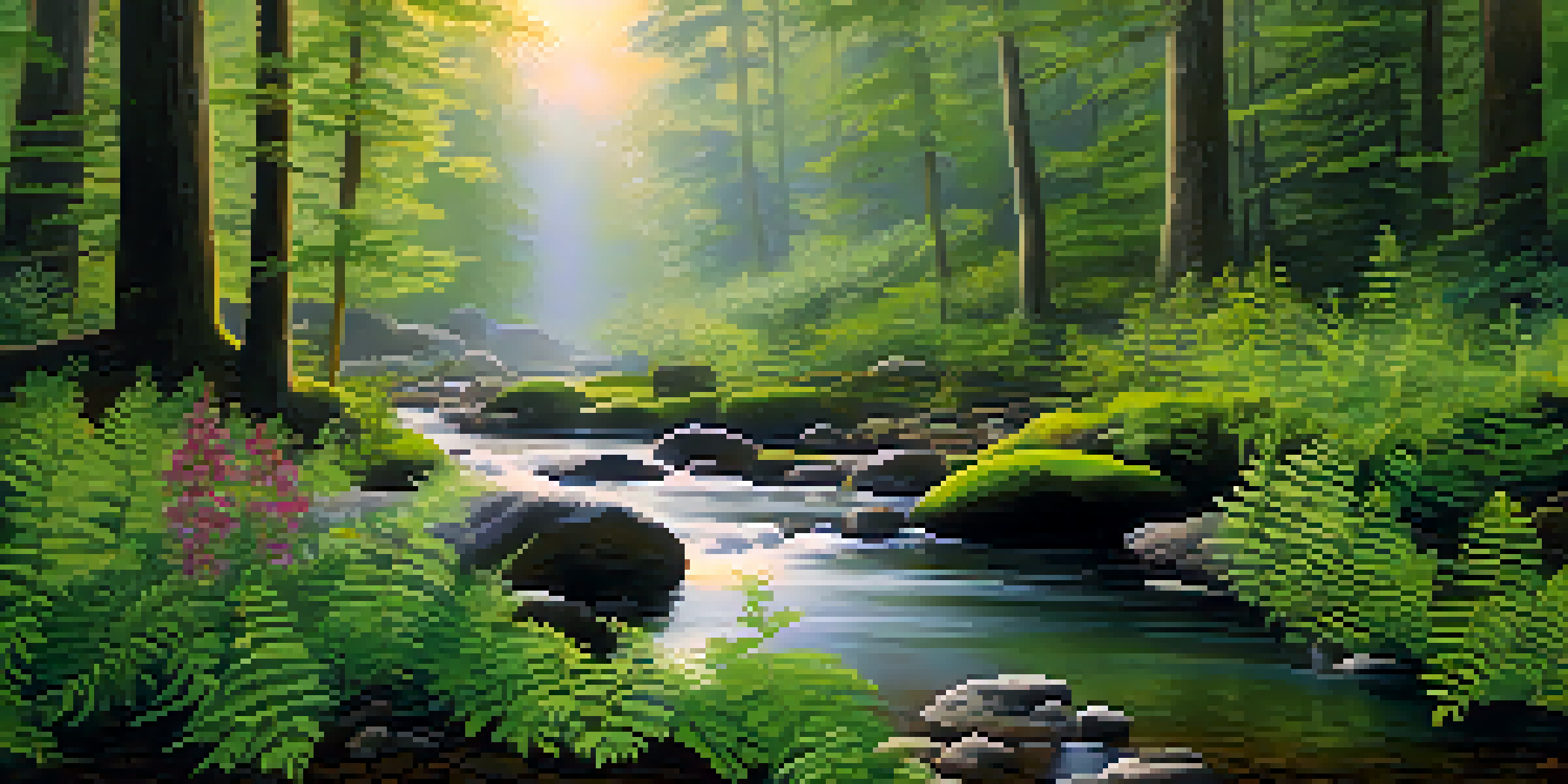 A peaceful forest with sunlight filtering through trees and a stream flowing over stones, surrounded by ferns and wildflowers.