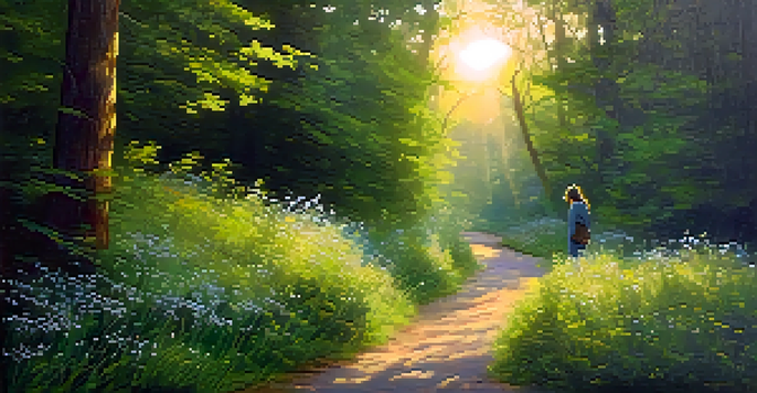 A peaceful forest at dawn with sunlight filtering through the trees and a figure walking on a path, symbolizing a personal journey.