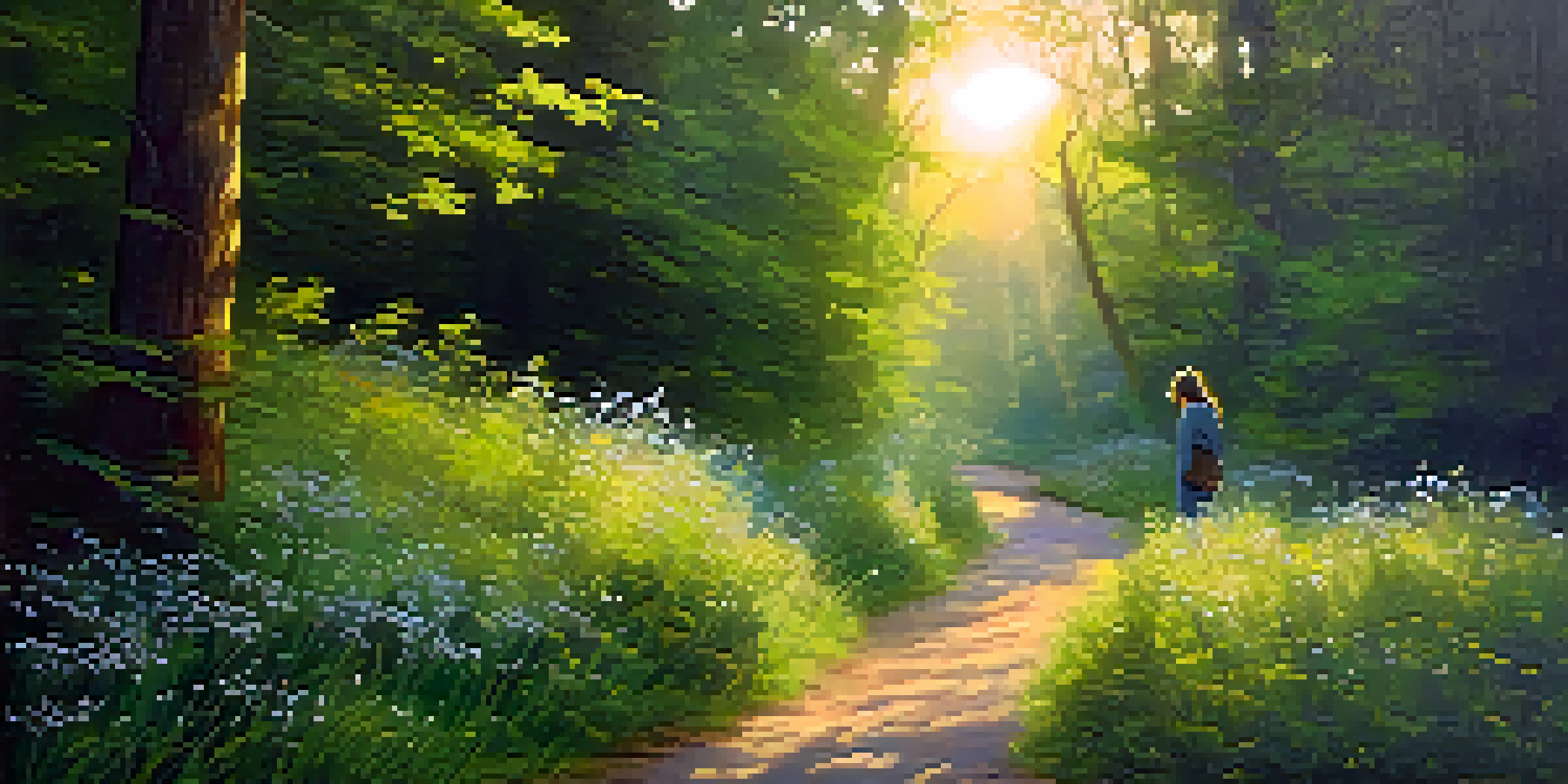 A peaceful forest at dawn with sunlight filtering through the trees and a figure walking on a path, symbolizing a personal journey.