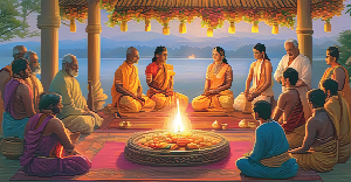 A group of individuals in traditional attire gathered around a sacred fire during a Vedic ritual, surrounded by flowers and fruits, under a warm sunset.