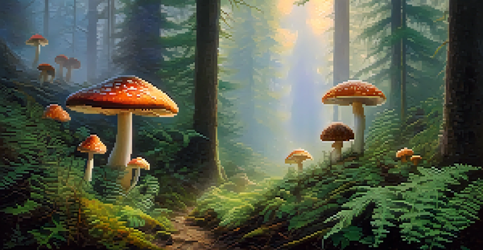 A peaceful forest at dawn with mist, sunlight, and colorful mushrooms among green ferns.