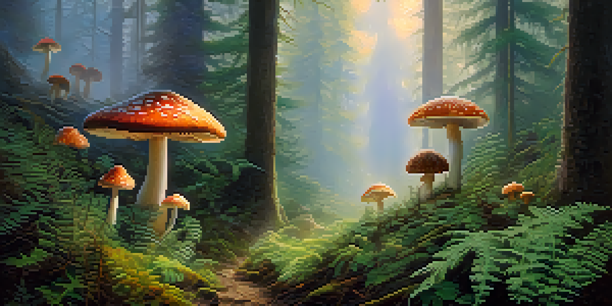 A peaceful forest at dawn with mist, sunlight, and colorful mushrooms among green ferns.