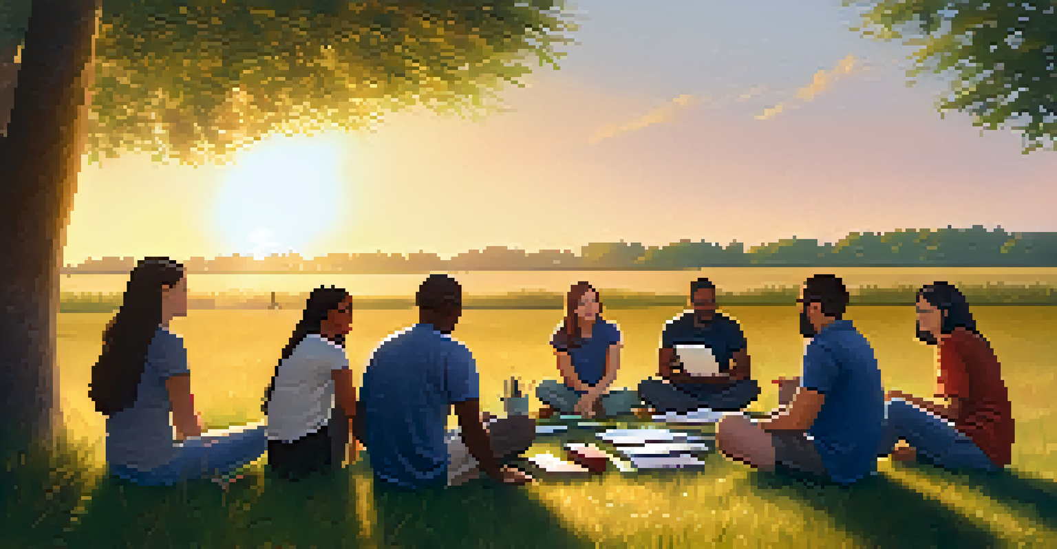 A group of diverse individuals in a peaceful outdoor setting, sitting in a circle and engaging in conversation.