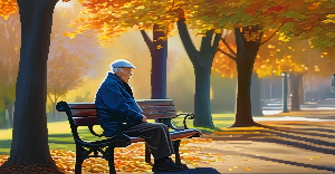 An elderly person sitting on a park bench in a colorful autumn setting, with sunlight filtering through the trees.