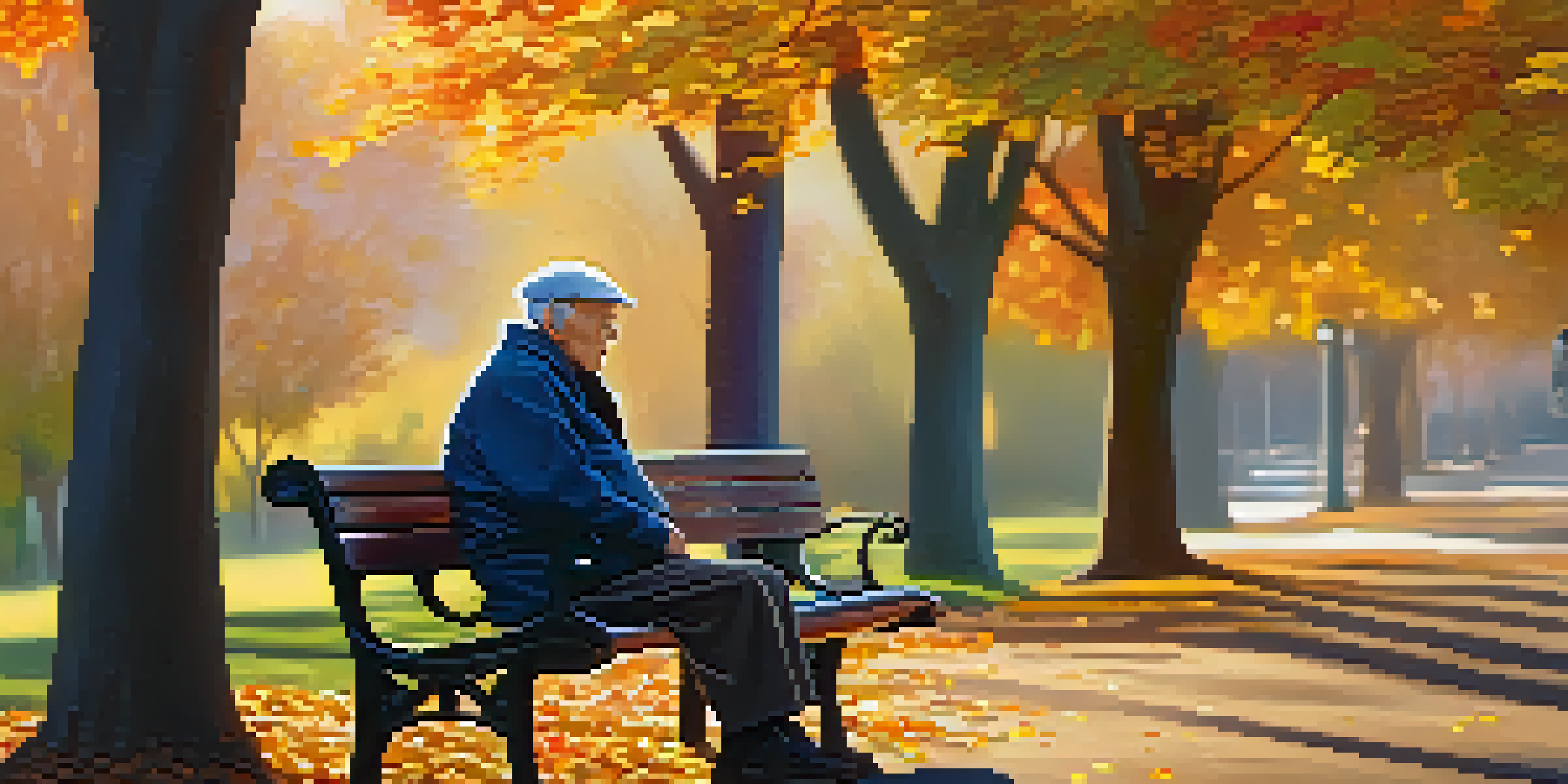 An elderly person sitting on a park bench in a colorful autumn setting, with sunlight filtering through the trees.