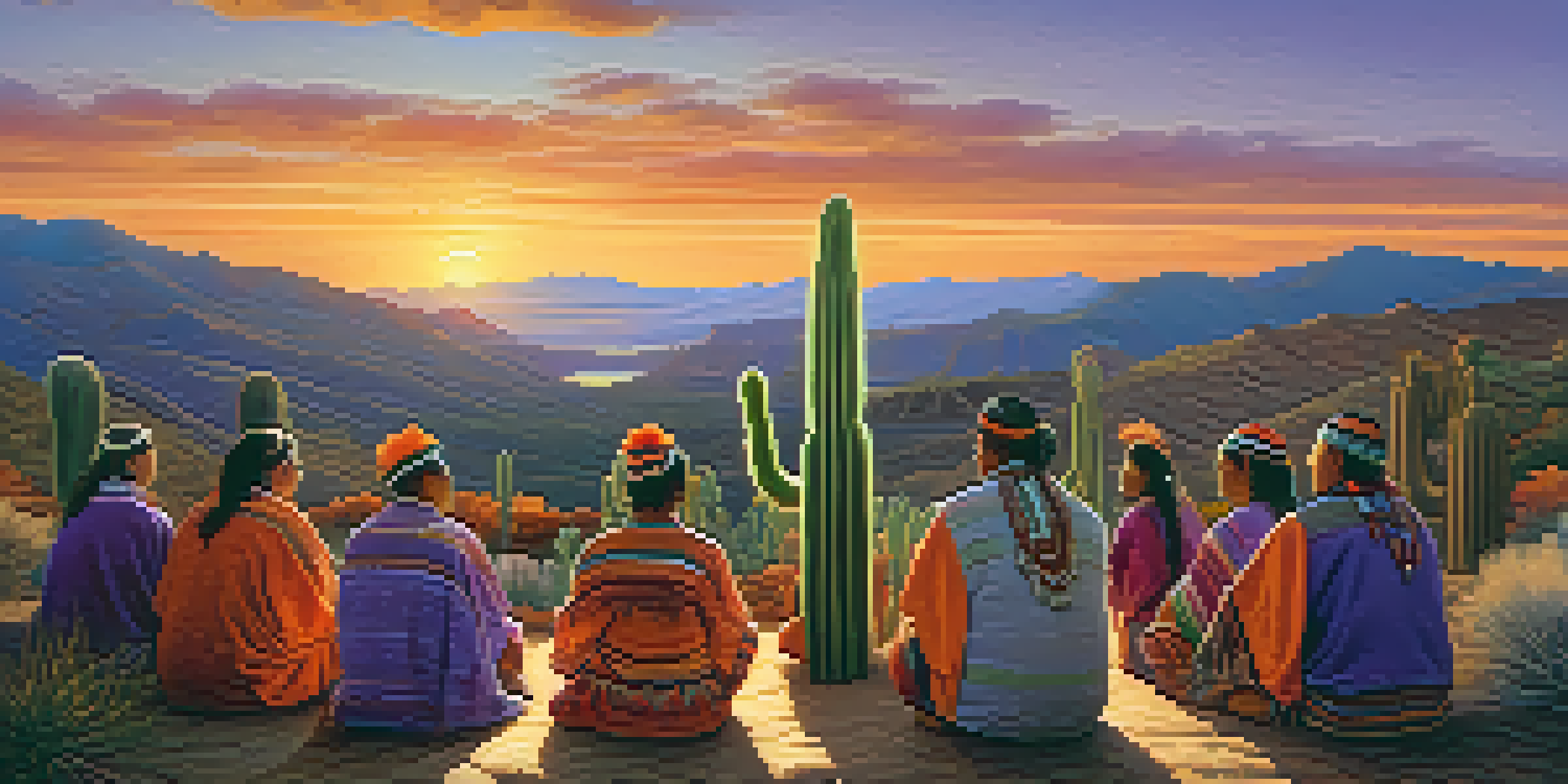 An indigenous community in colorful garments gathered around a peyote cactus during a sunset ceremony, with rolling hills in the background.