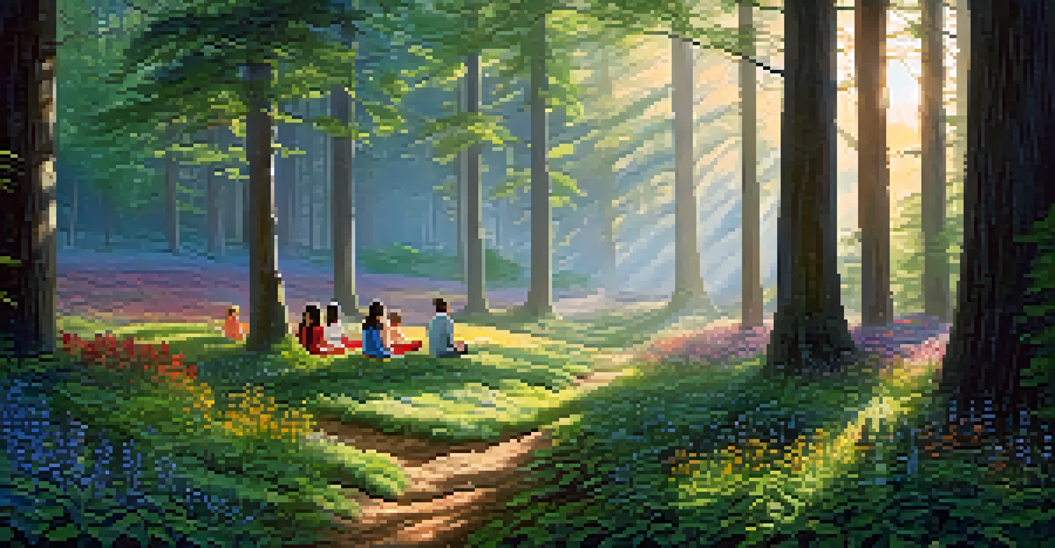 A peaceful forest with sunlight shining through trees, and people meditating in a flower-filled clearing.