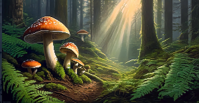 A peaceful forest at dawn with sunlight shining through trees, featuring vibrant mushrooms in the foreground surrounded by ferns and moss.