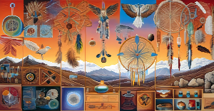 A collage depicting the intersection of indigenous symbols and modern scientific imagery related to entheogens, set against a warm gradient background.