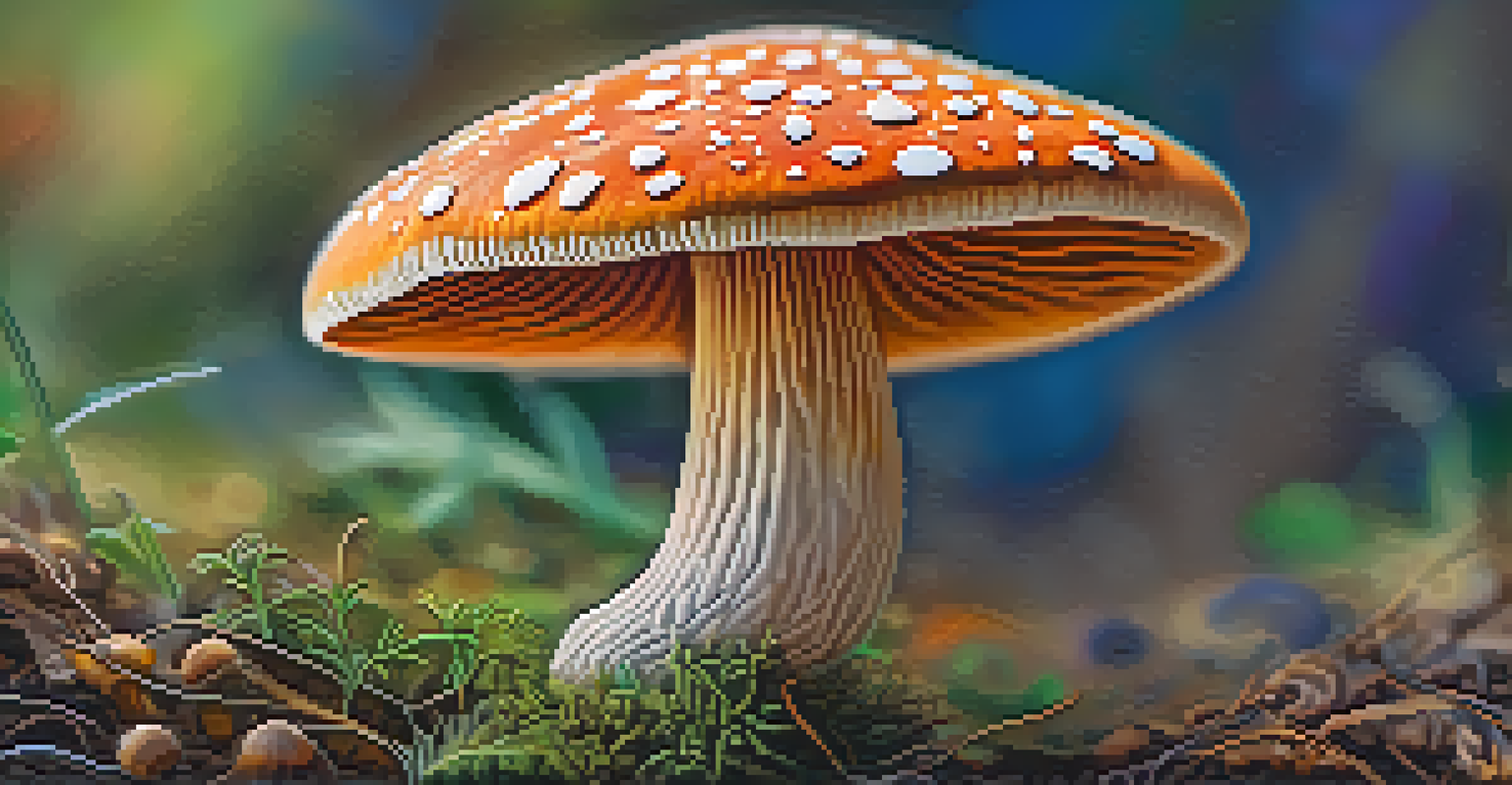 A close-up view of a psilocybin mushroom with intricate textures and vibrant colors.