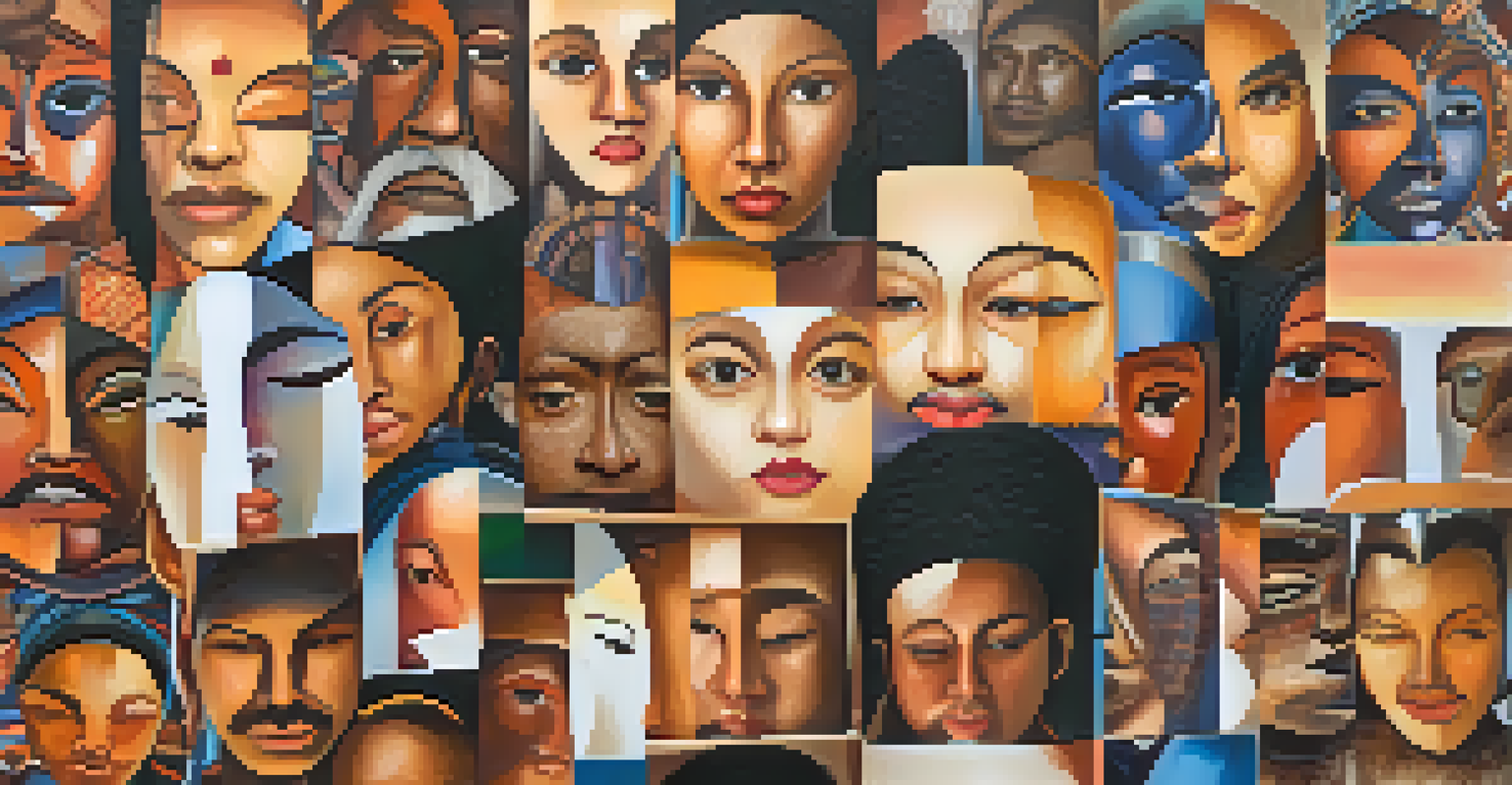 A collage showing diverse faces reflecting transformation and introspection against a backdrop of abstract patterns and warm colors.