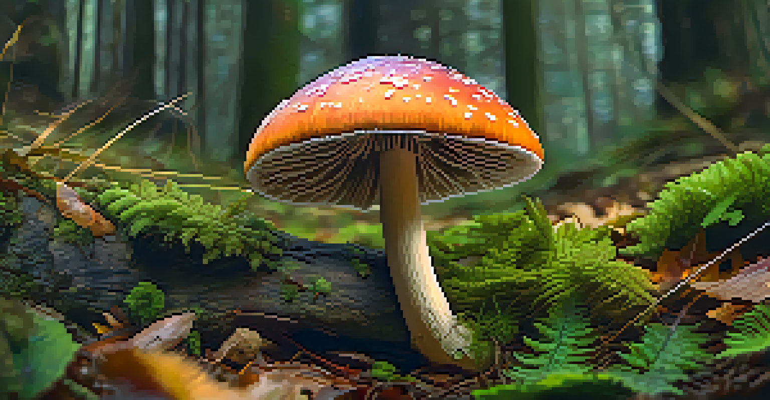 A close-up view of a psilocybin mushroom on moss, showcasing its vibrant colors and textures in a forest setting.