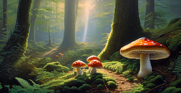 A peaceful forest at dawn with sunlight filtering through the trees, colorful mushrooms, and a misty atmosphere.