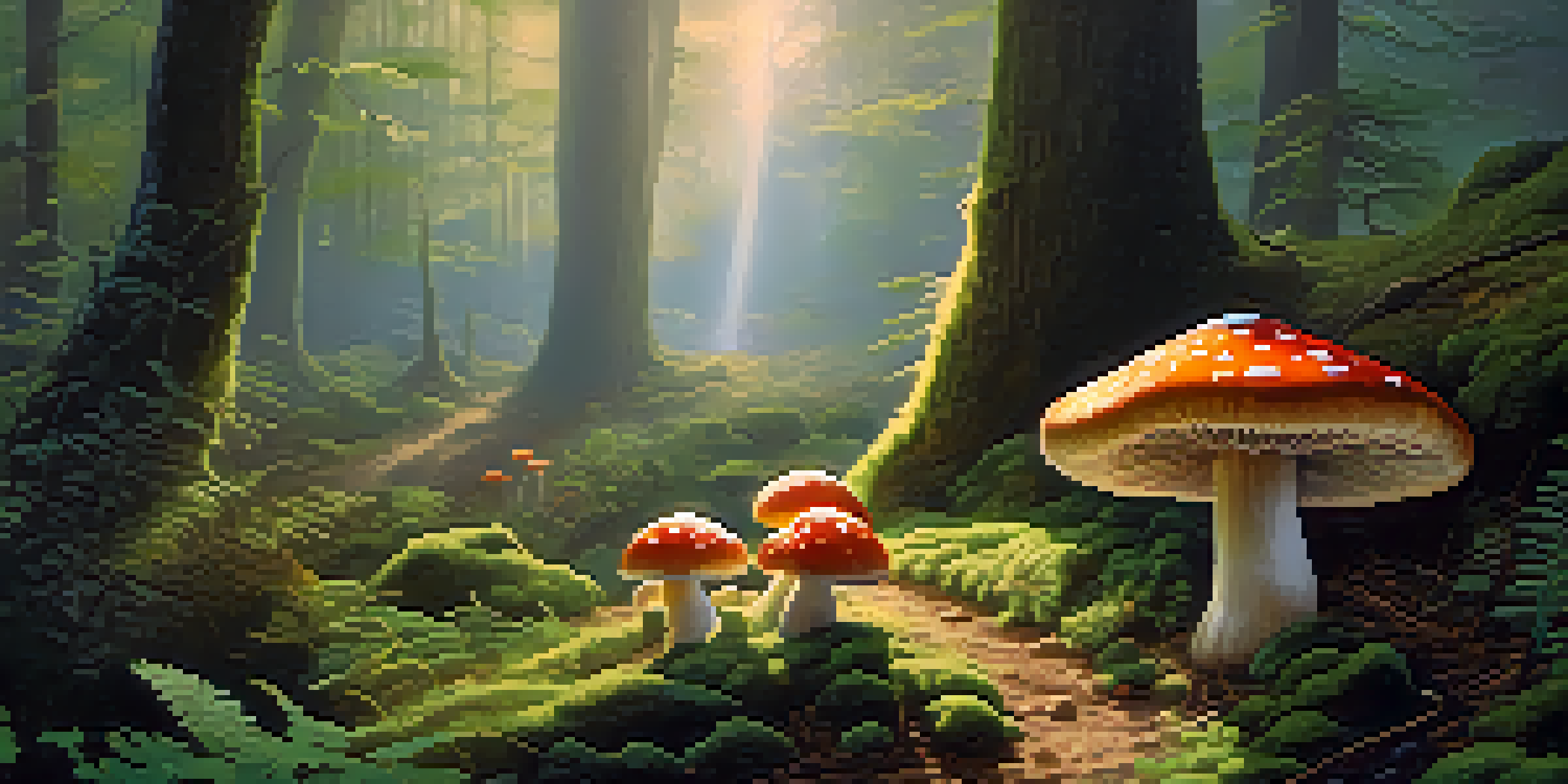 A peaceful forest at dawn with sunlight filtering through the trees, colorful mushrooms, and a misty atmosphere.
