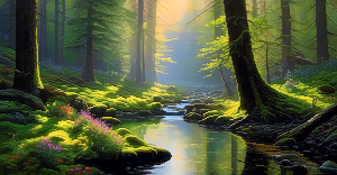 A peaceful forest at dawn with mist, sunlight filtering through trees, and a small stream.