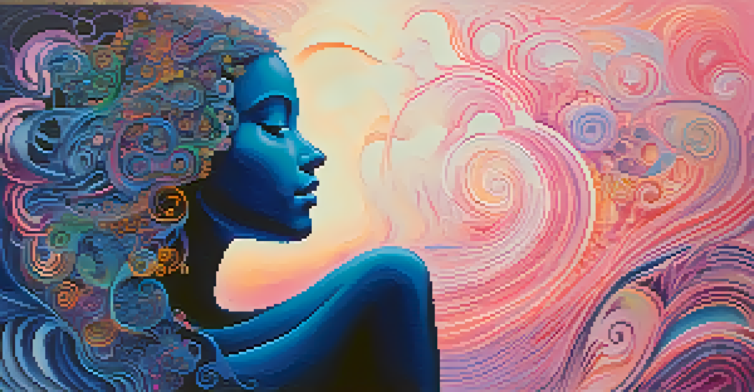 An abstract human silhouette filled with colorful patterns, symbolizing the connection between mind and body, against a calming gradient background.
