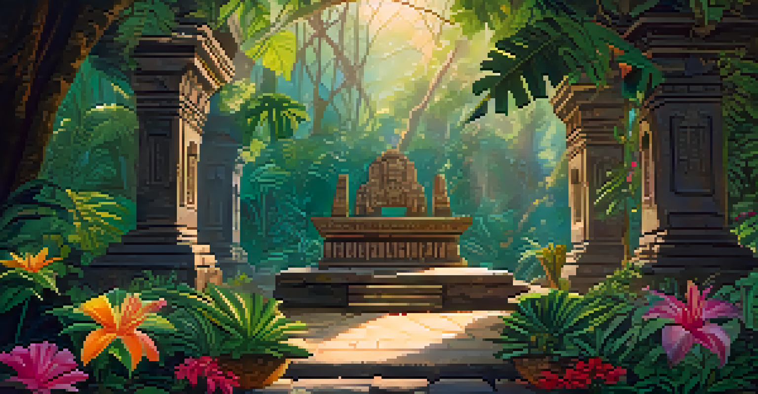 A stone altar in a jungle surrounded by lush greenery and colorful flowers, with sunlight creating a mystical atmosphere.